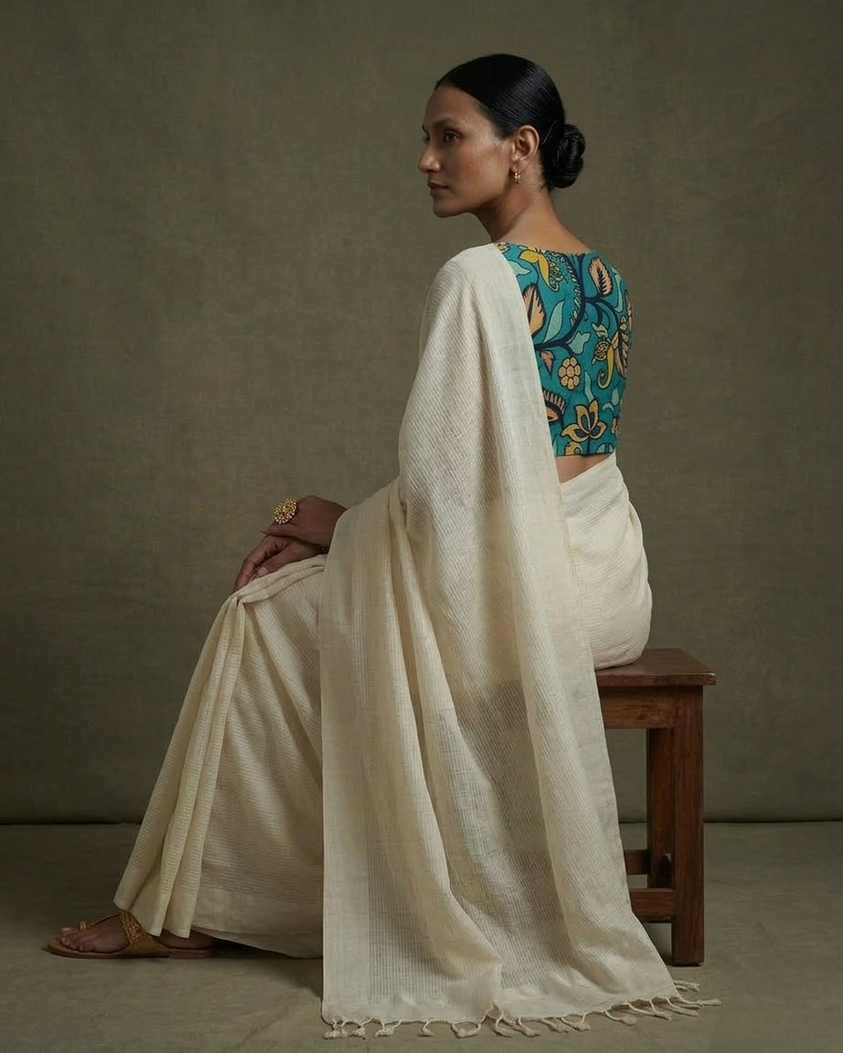 Plain ivory color mangalgiri cotton sarees with hand-painted kalamkari bP .