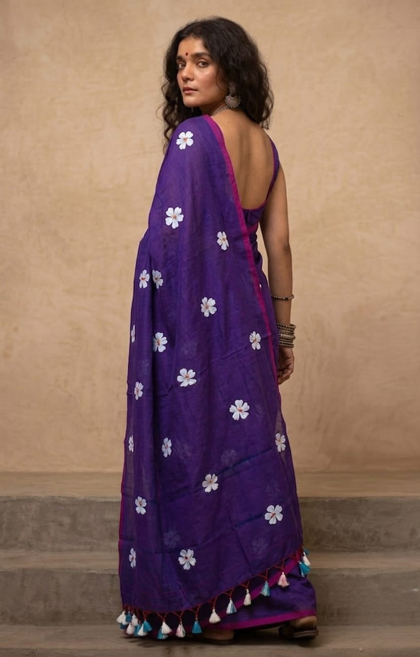 Deep purple shiuli mul cotton saree