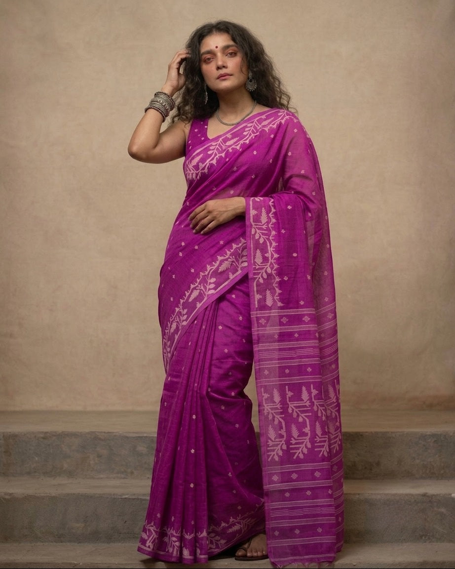 Dark pink handloom cotton jamdani saree