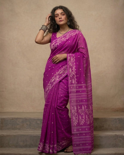 Dark pink handloom cotton jamdani saree