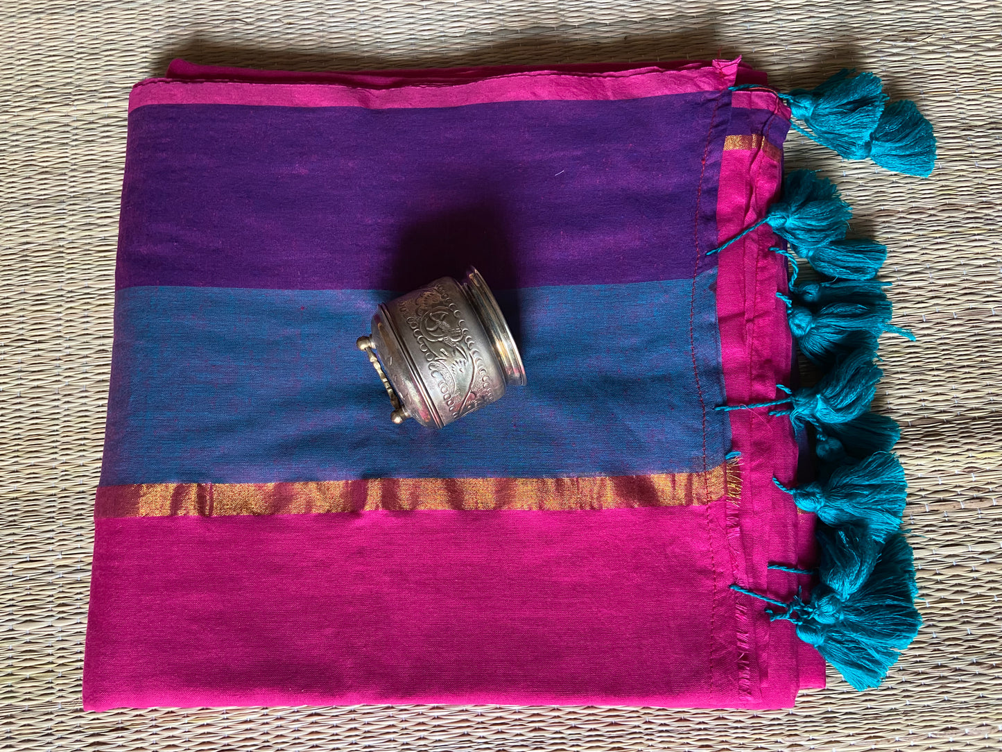 Deep pink broad border cotton saree