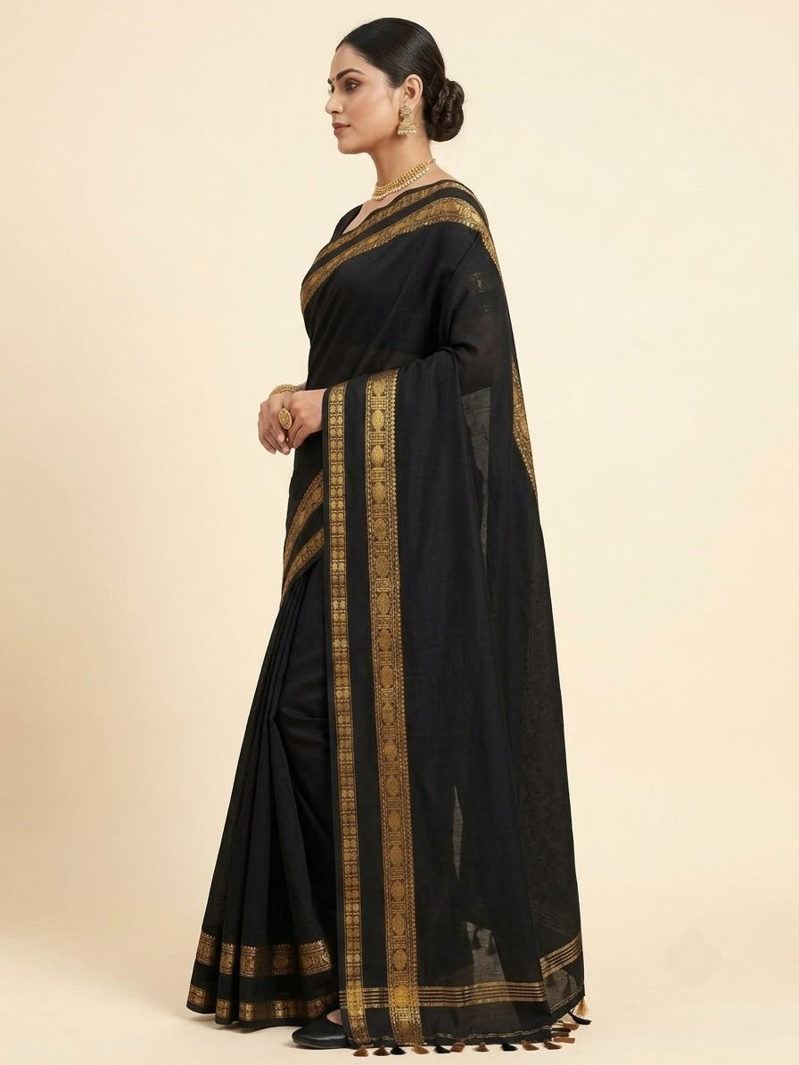 Classic Black Handloom Cotton Saree with Zari Kanchi Border