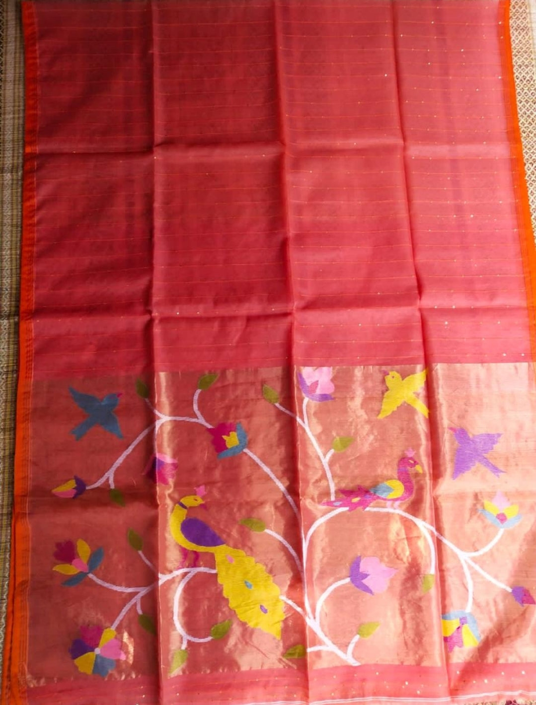 Handspun peach resham mulberry silk saree