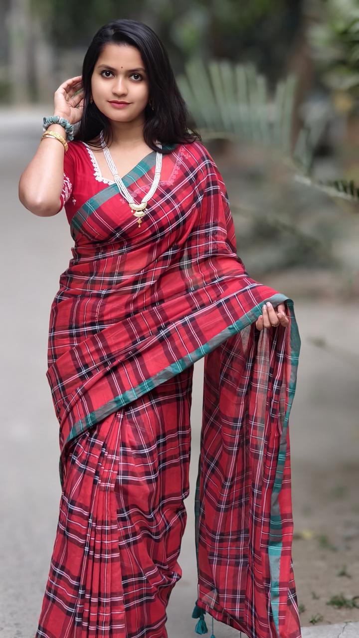 Check mulmul cotton saree