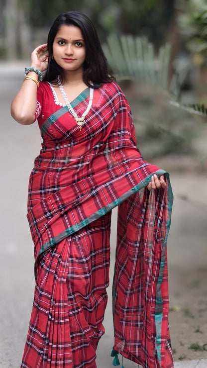 Check mulmul cotton saree