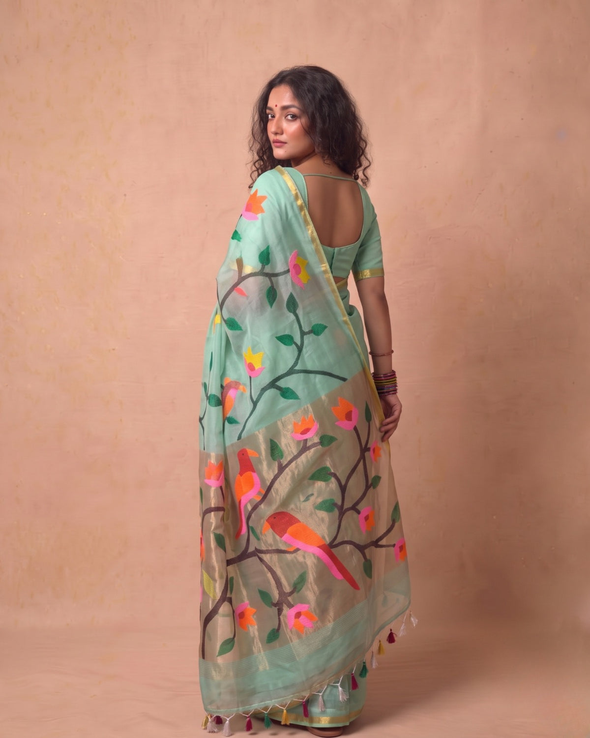 Mint green resham Silk Handloom Saree with Multi-Color Vine Weave