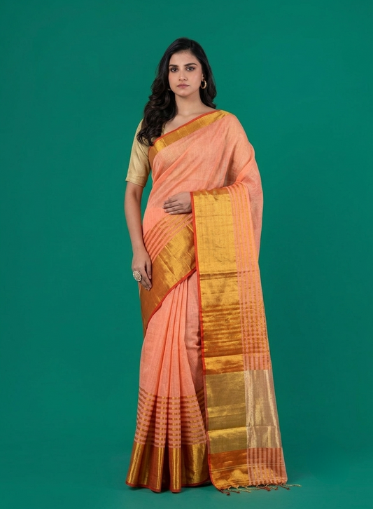Peach broad zari border Linen Saree