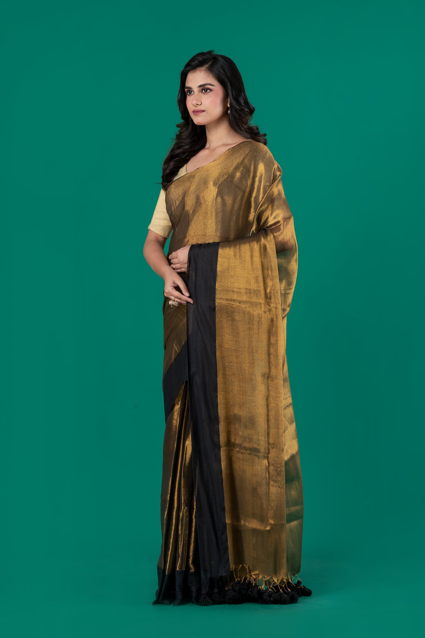 Golden tissue cotton saree