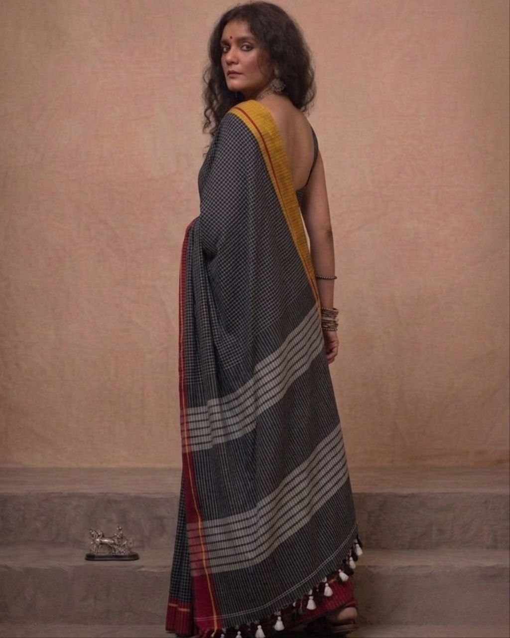 Black check Ganga jamuna border cotton saree