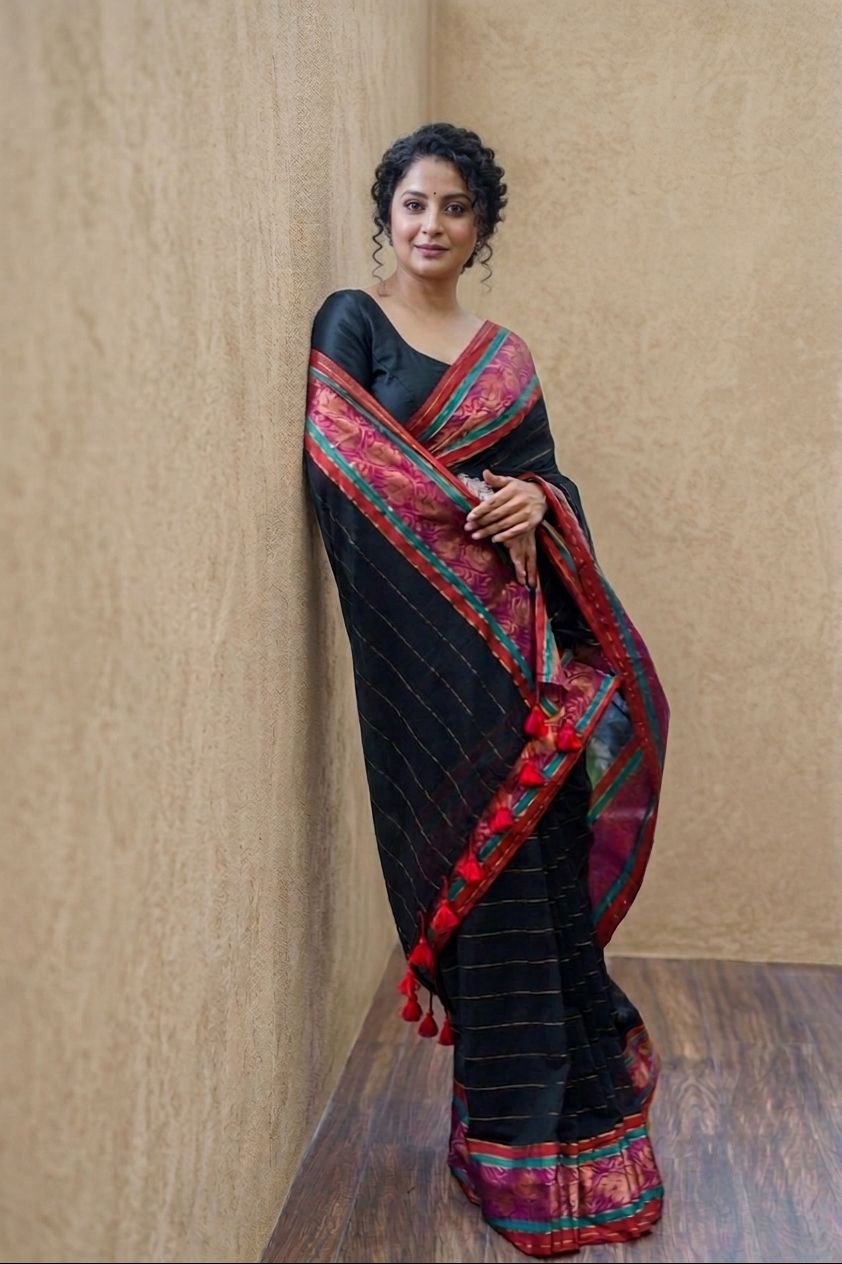 Black striped dark pink kanchi border  mulmul cotton saree