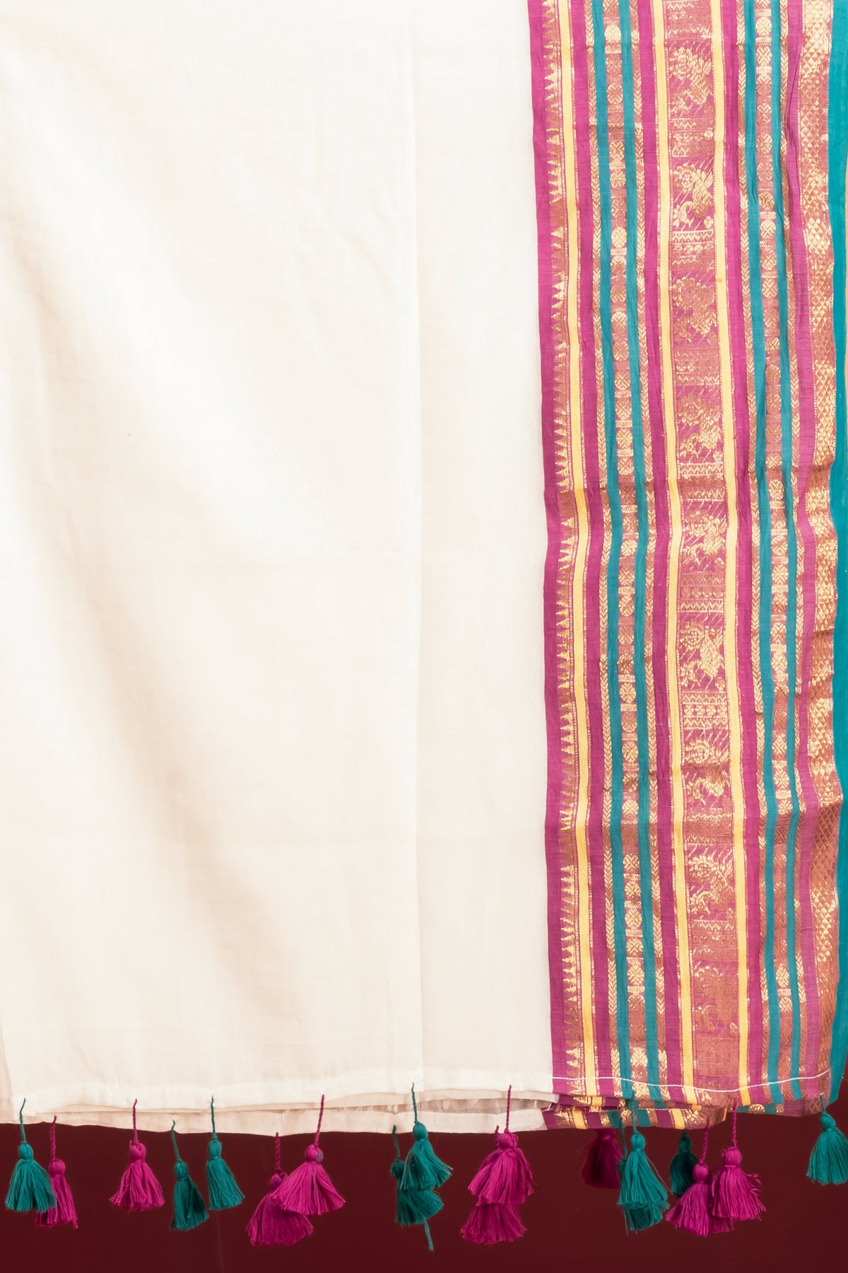 Teal blue kanchi border beige mulmul cotton saree