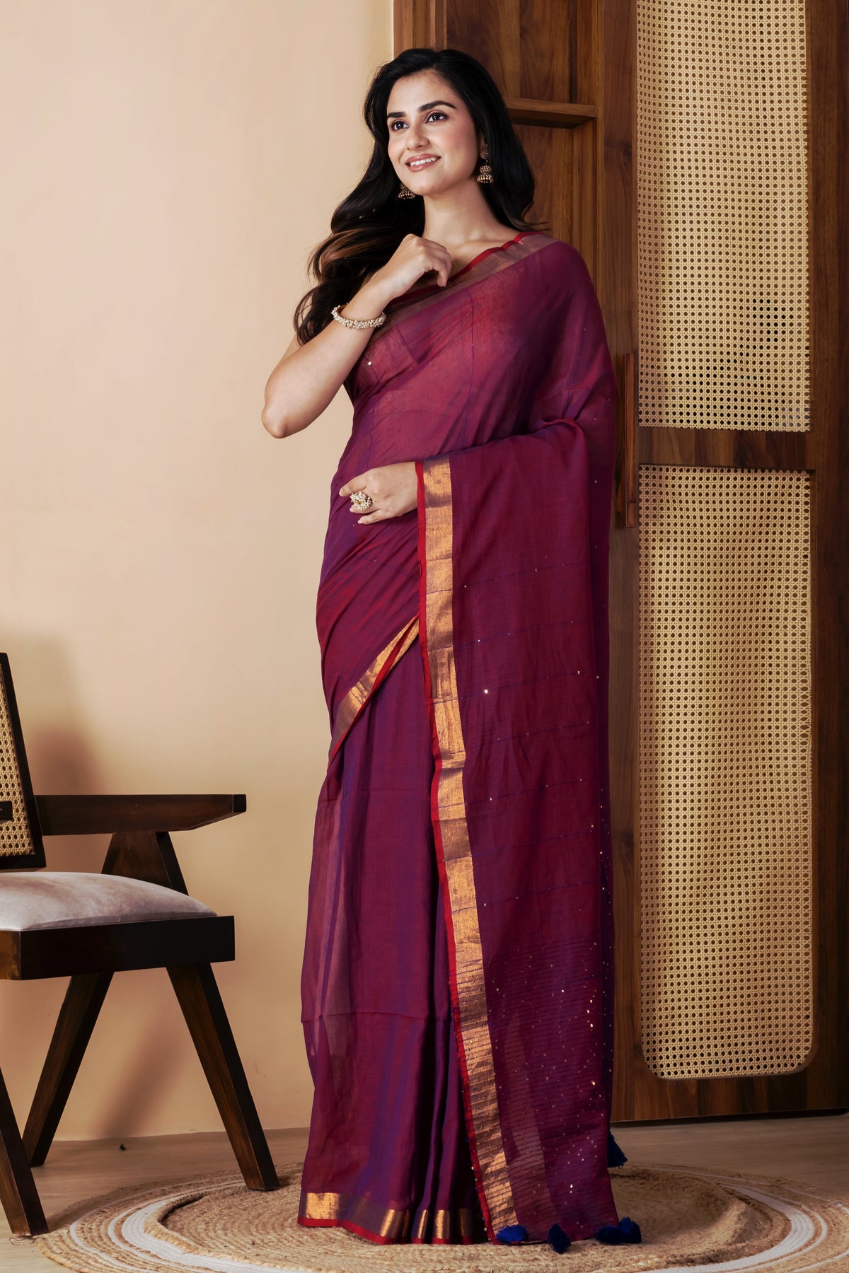 Deep purple premium handspun sequins cotton saree