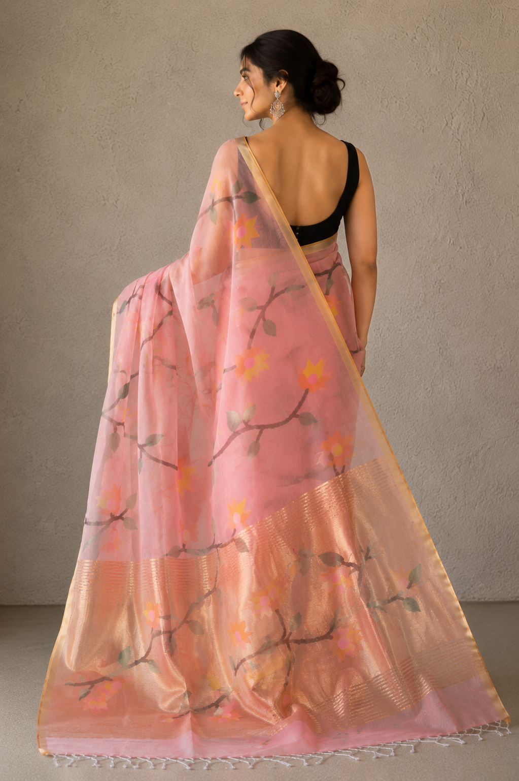 Peach pink handspun white resham paithni silk saree