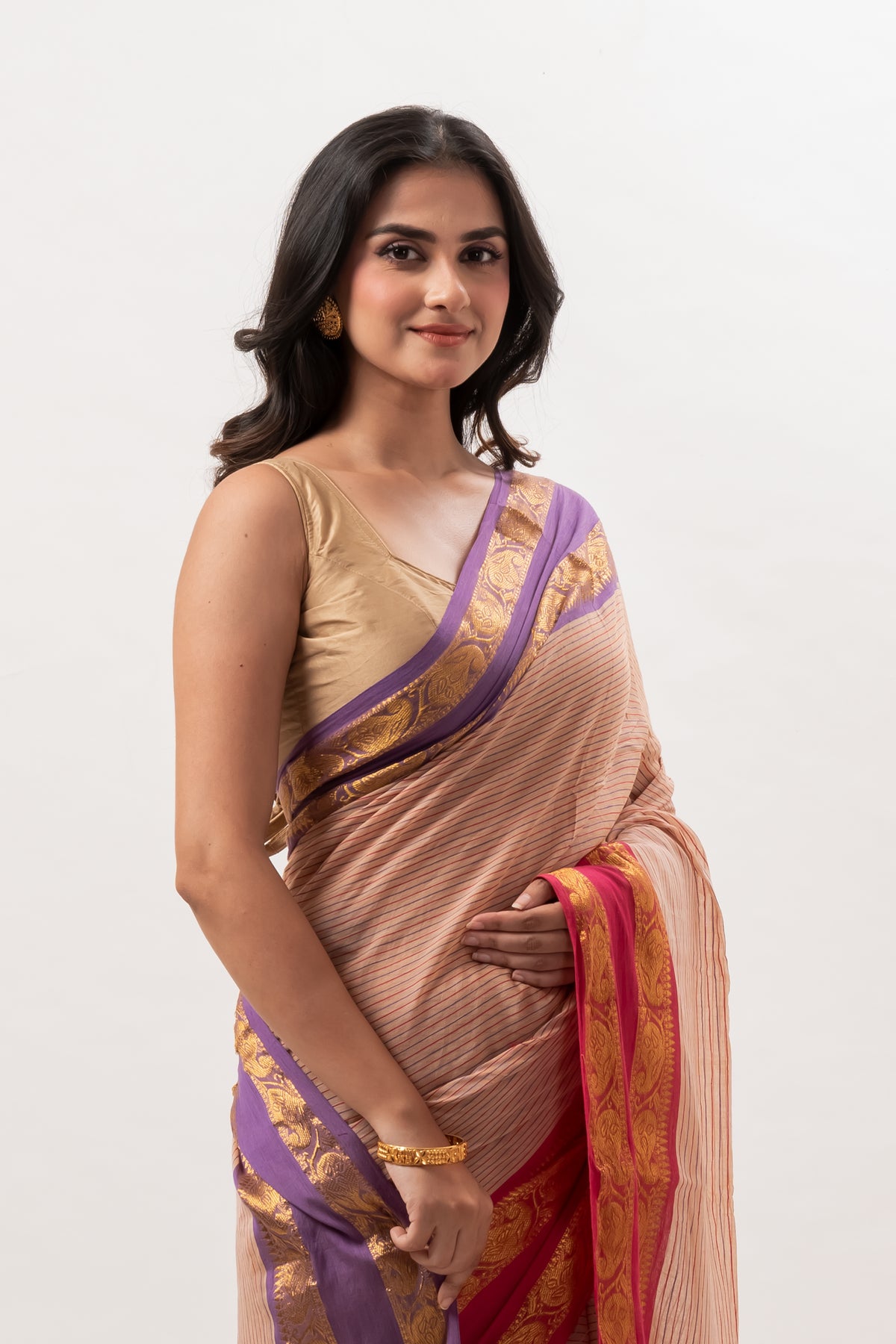 Beige Striped Mul Cotton Saree with Ganga Jamuna Border