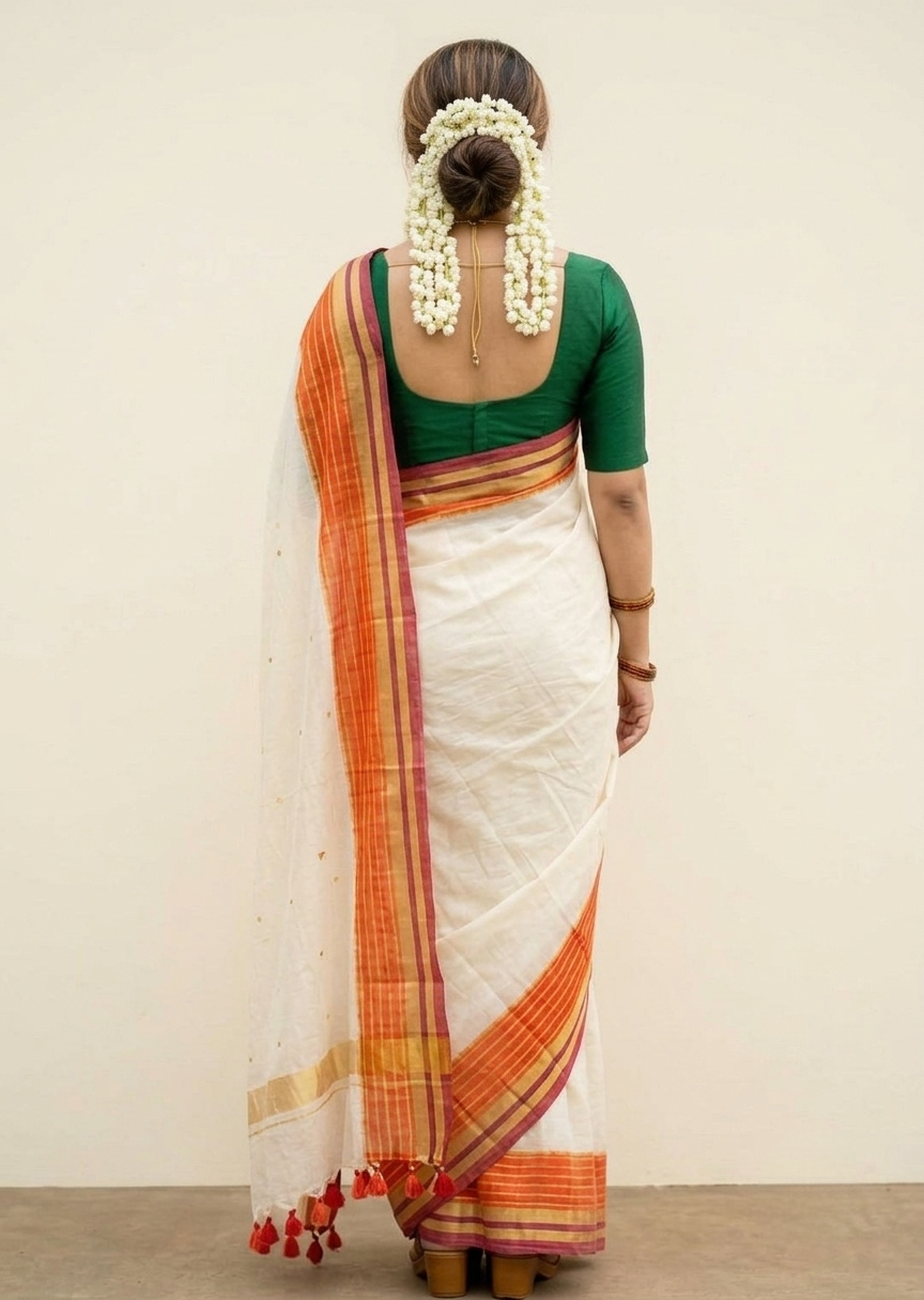 Off white mulmul cotton saree orange border