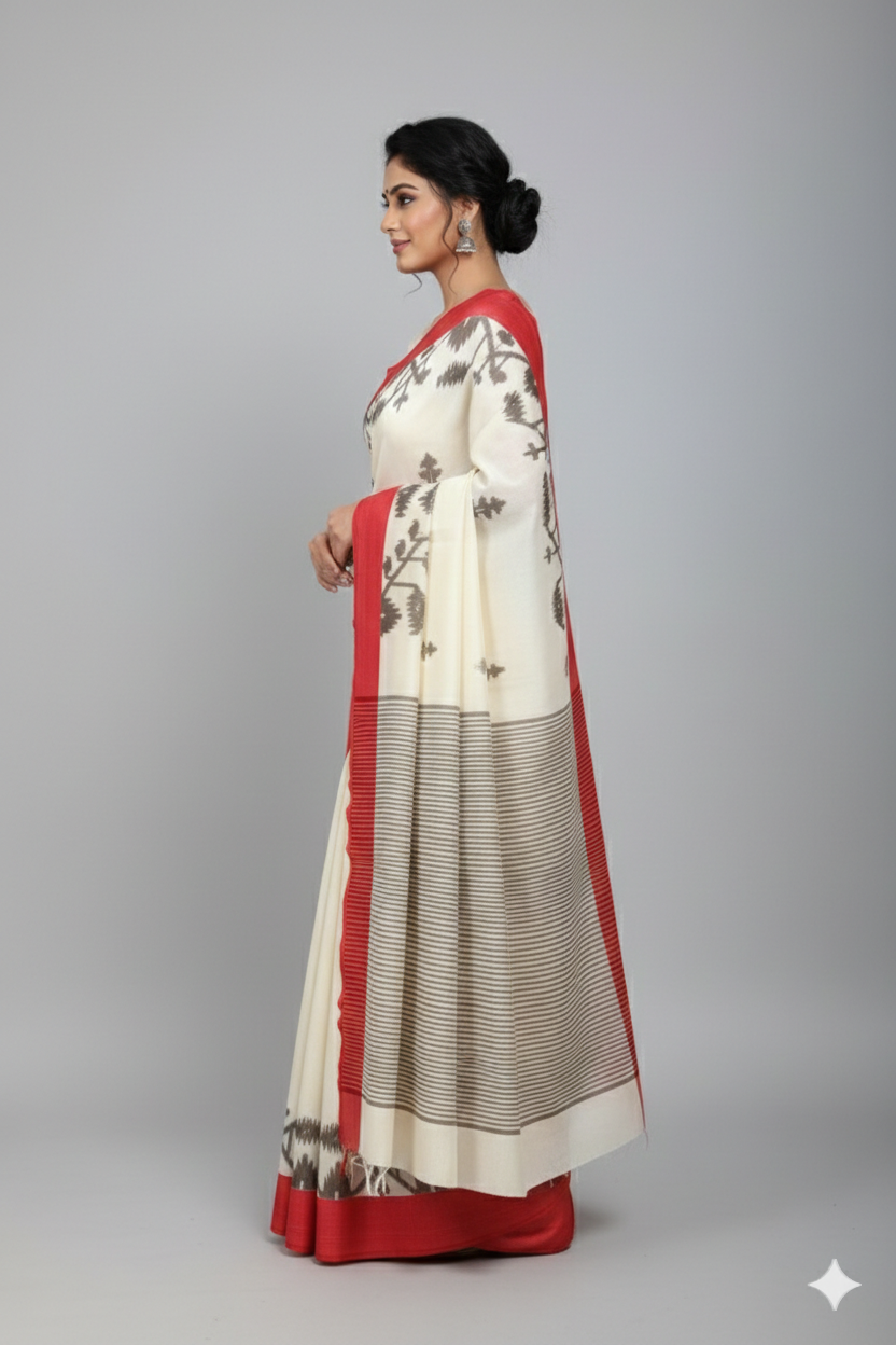 White and red border handloom cotton jamdani