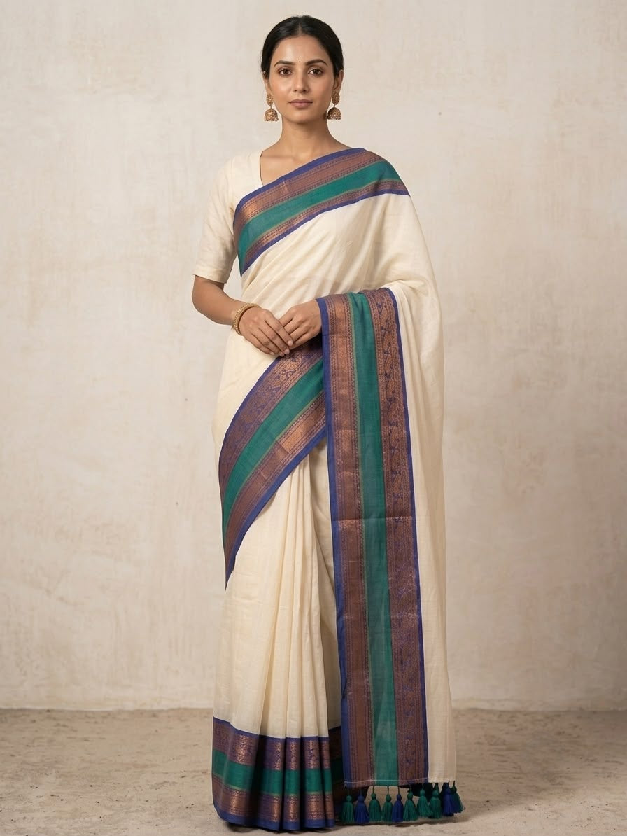 Offwhite mulmul cotton saree with green gold kanchi border