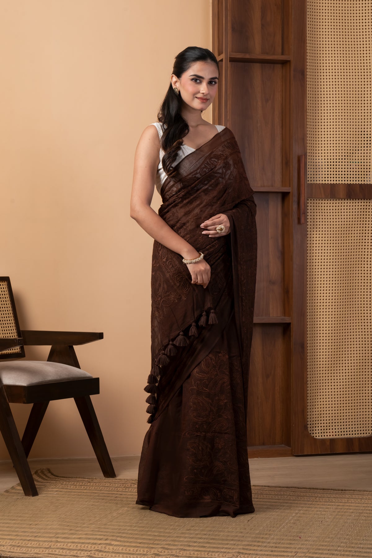 Rich Chocolate Brown Mul Cotton Saree with Tonal Chikankari Work