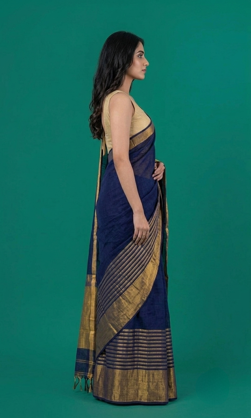 Blue broad zari border Linen Saree