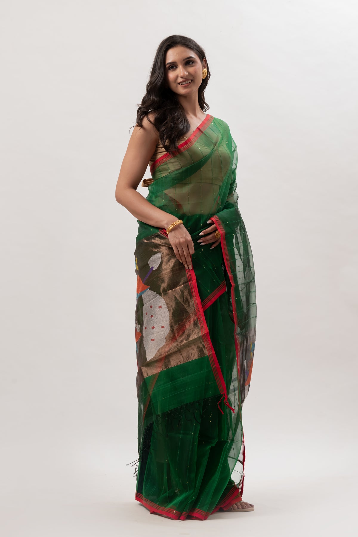 Deep Green Sheer Muslin Saree with Vibrant Paithani pallu motif