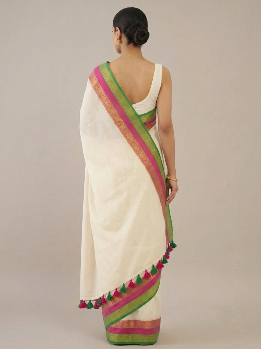 Pink green Kanchi Border Mul Cotton Saree