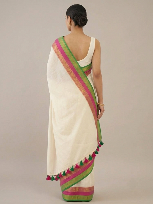 Pink green Kanchi Border Mul Cotton Saree