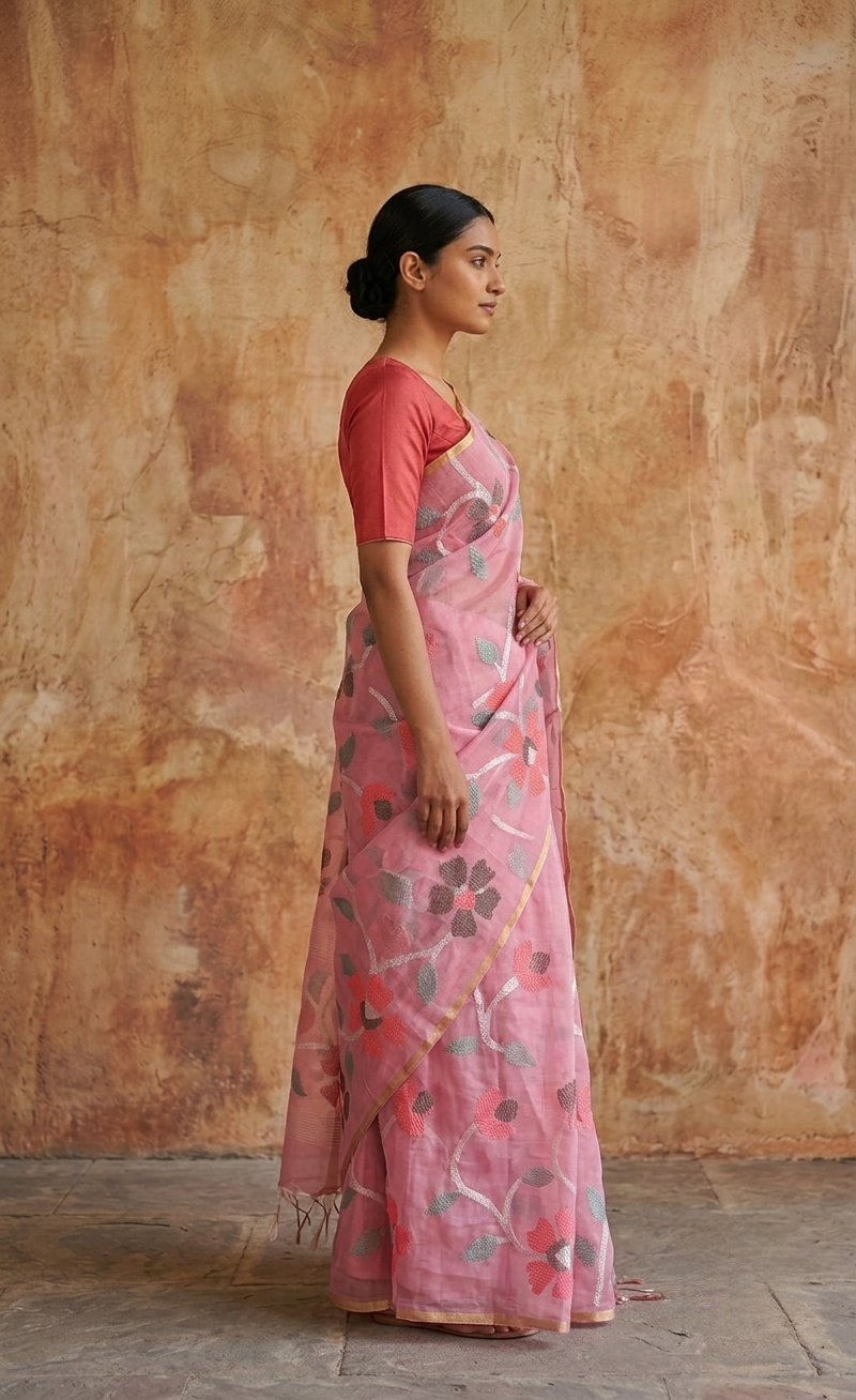 Baby pink all over jamdani woven  Resham Silk