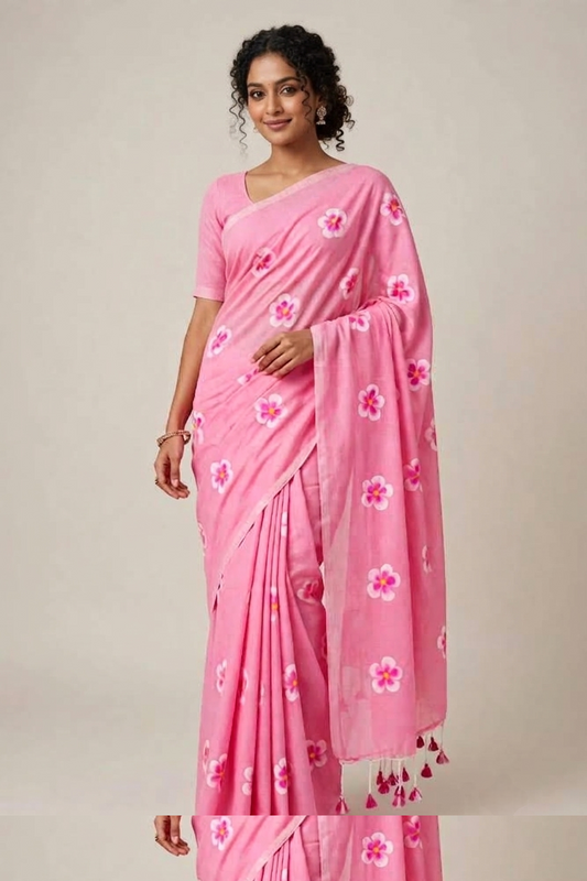 Soft Pink Floral Printed Mul Cotton Saree