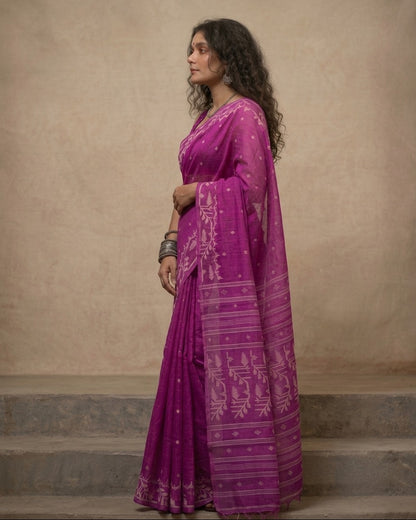Dark pink handloom cotton jamdani saree