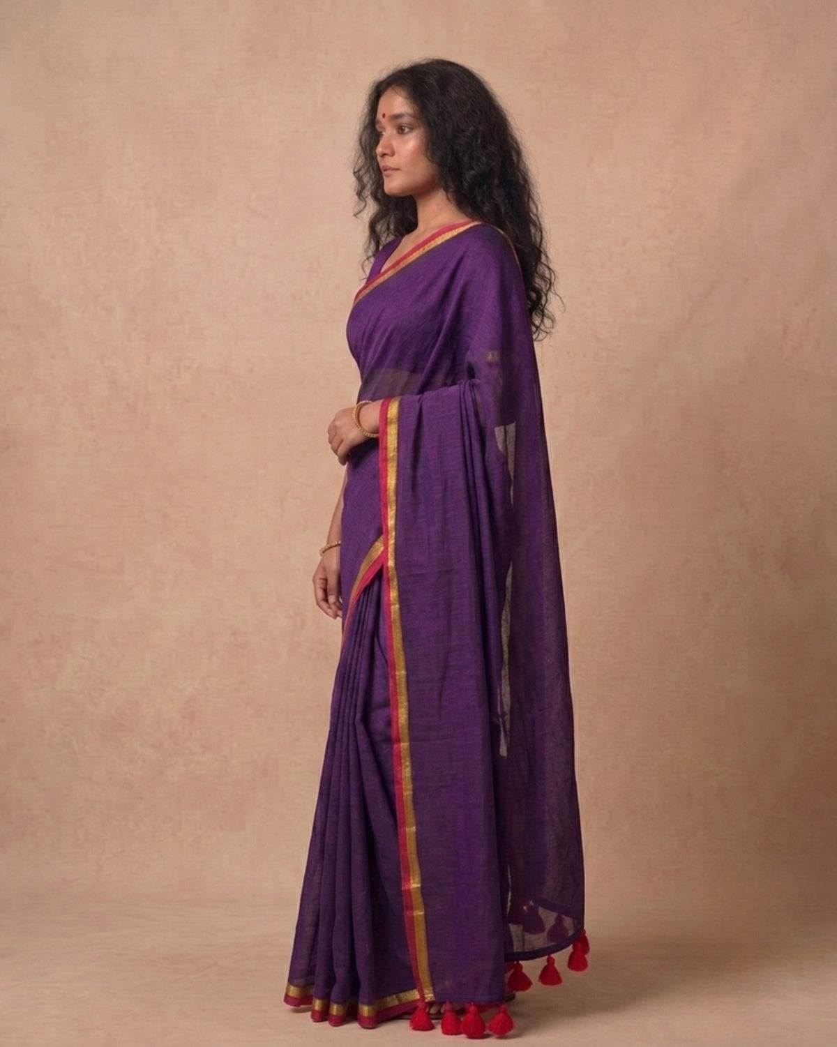 Deep purple mulmul cotton saree with red and zari border