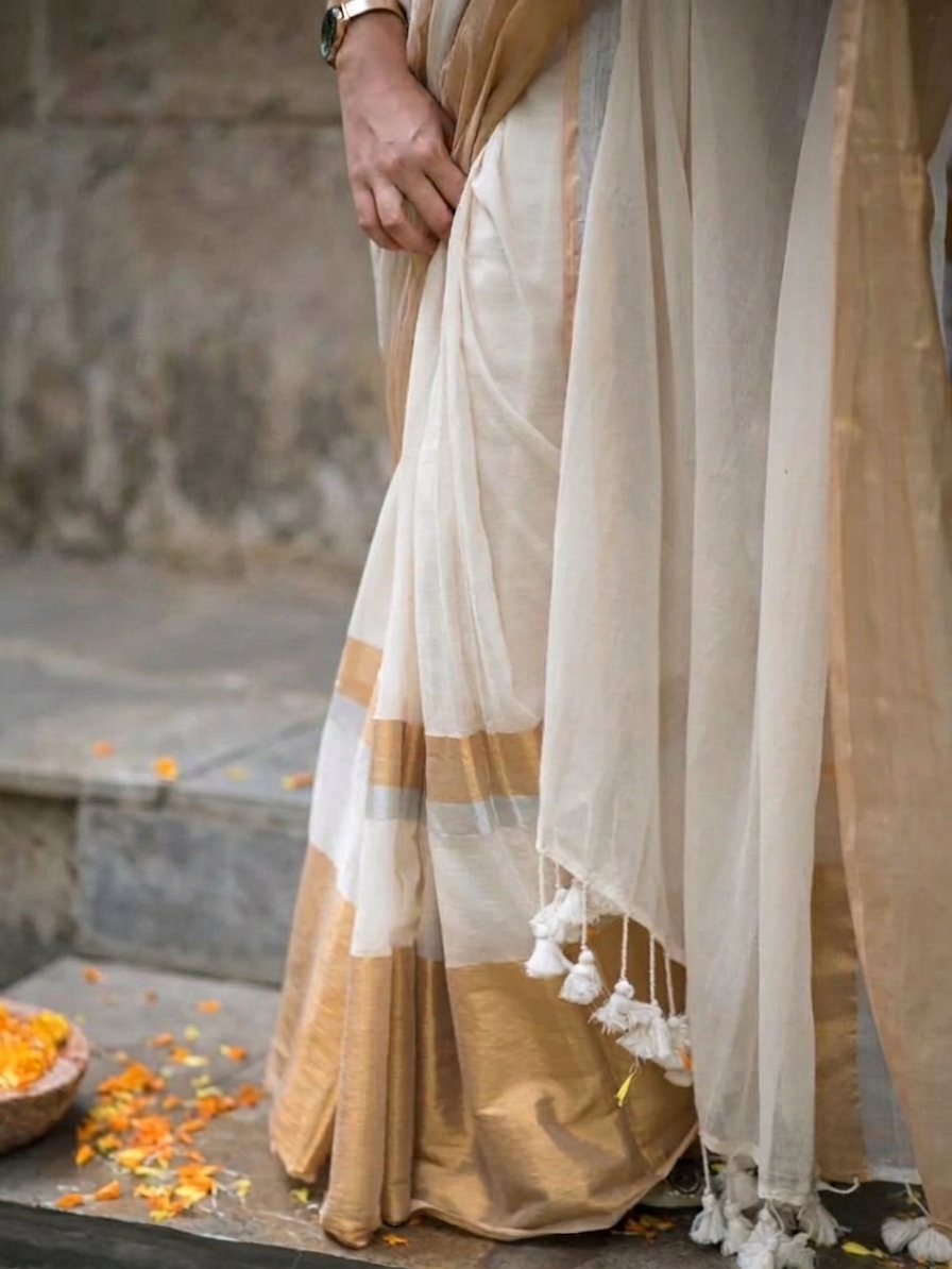 Off White broad golden zari border mulmul Cotton Saree