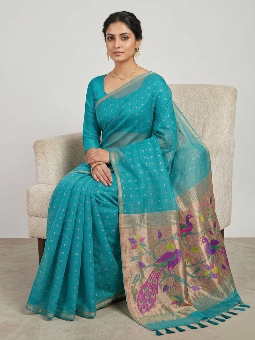 Handspun resham turqoise silk saree