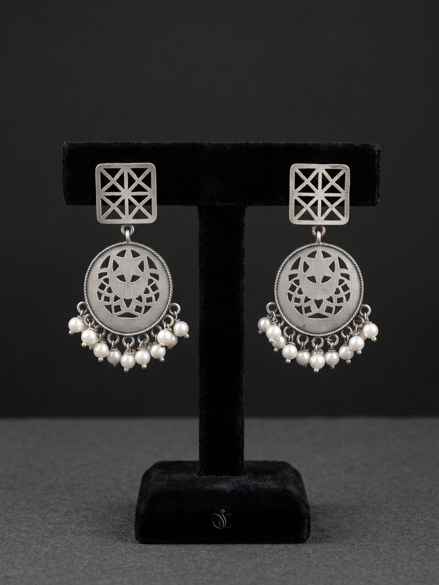 Geometric Lattice & Crescent Pearl Drop Silver-Polish Earrings