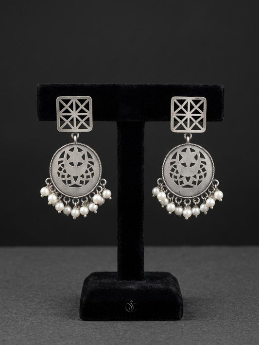 Geometric Lattice & Crescent Pearl Drop Silver-Polish Earrings