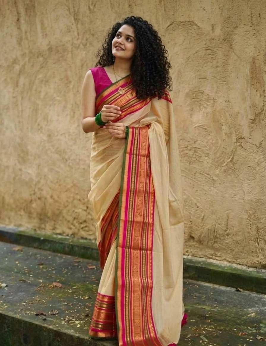 Off white pink zari border mulmul cotton saree