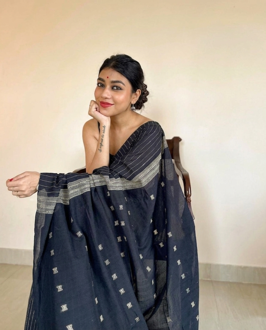 Bhujodi style black cotton striped saree