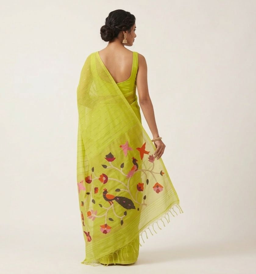 Handspun green paithani resham silk saree