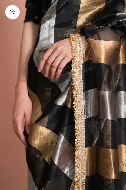 Kora tissue striped saree with brocade blouse piece