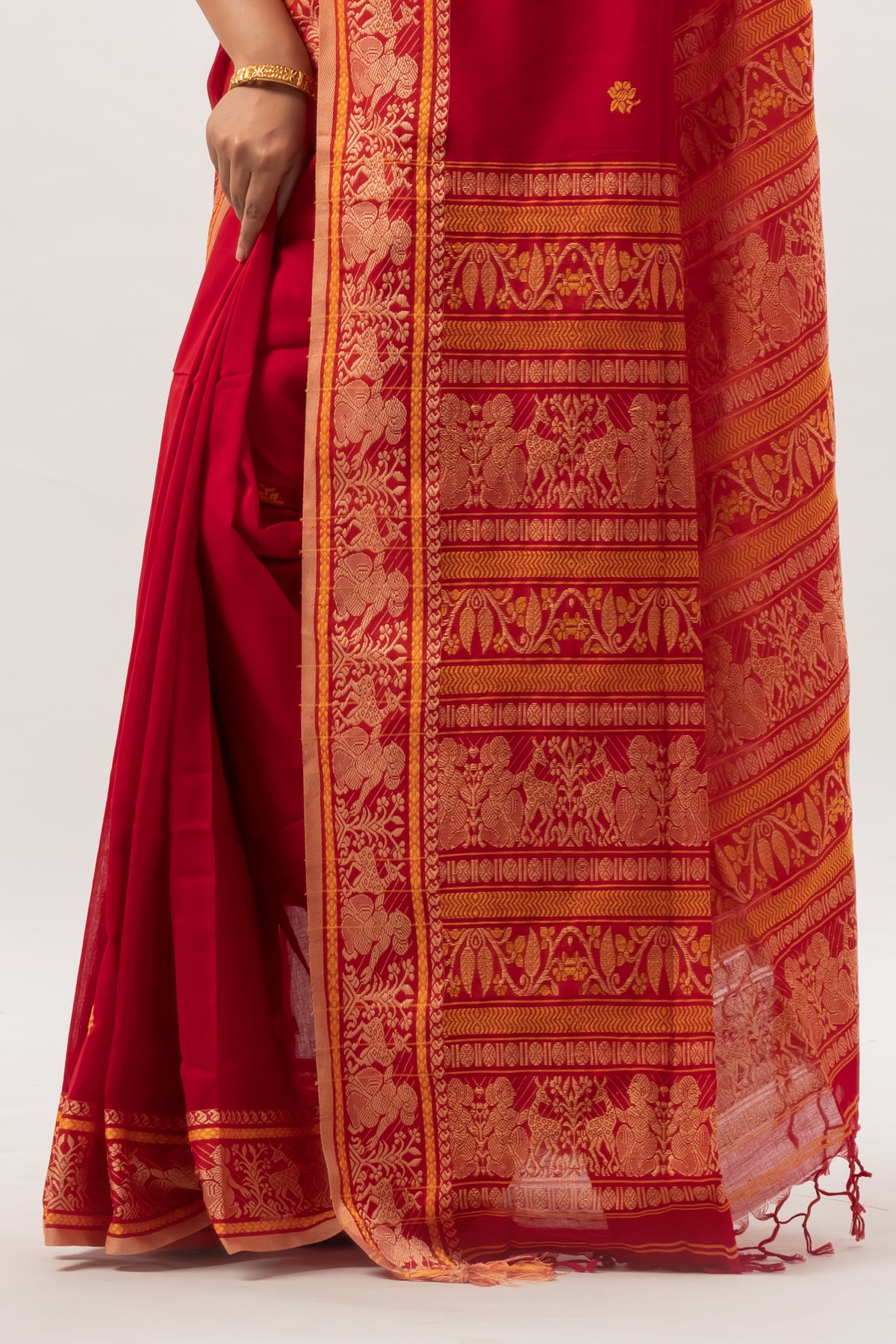 Authentic Bengal Crimson Red Cotton Baluchari Saree