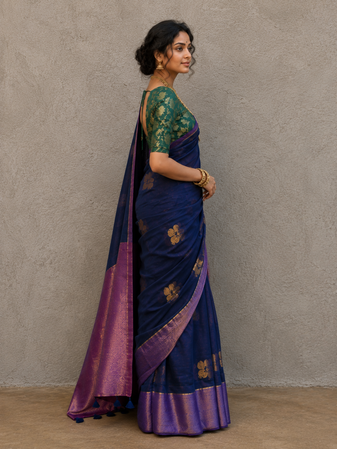 Navy blue mulmul cotton flower motif saree
