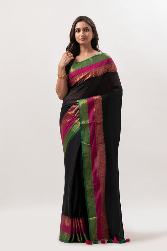 Pink n green kanchi border black mulmul cotton saree