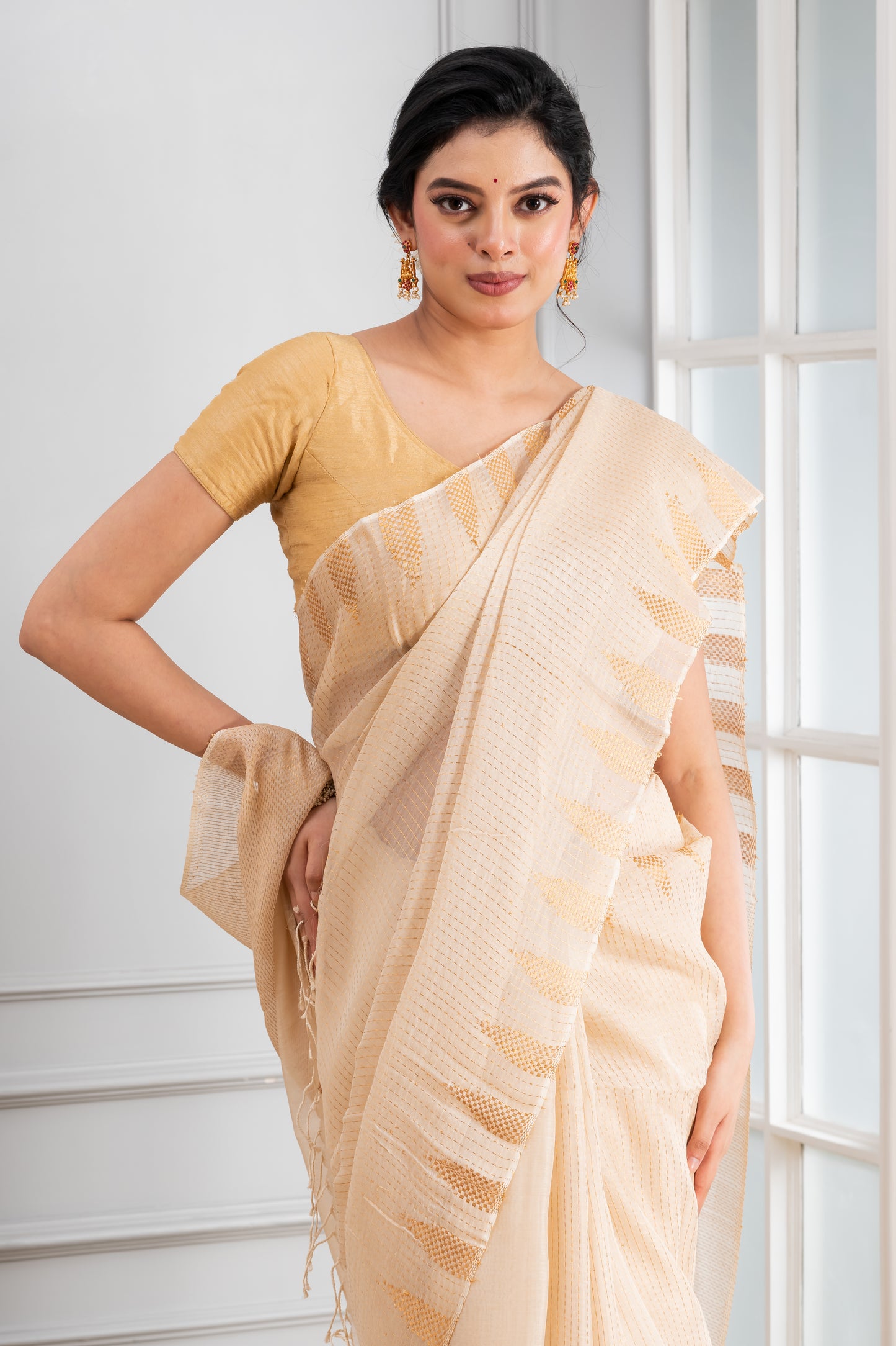 Beige temple Silk Linen Saree