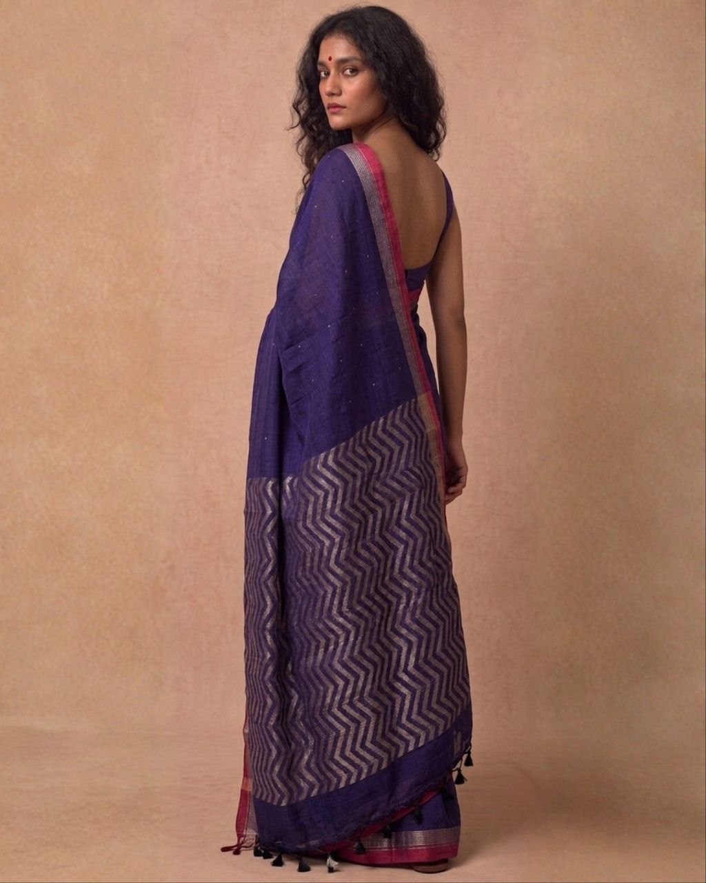 Deep mauve organic cotton linen saree