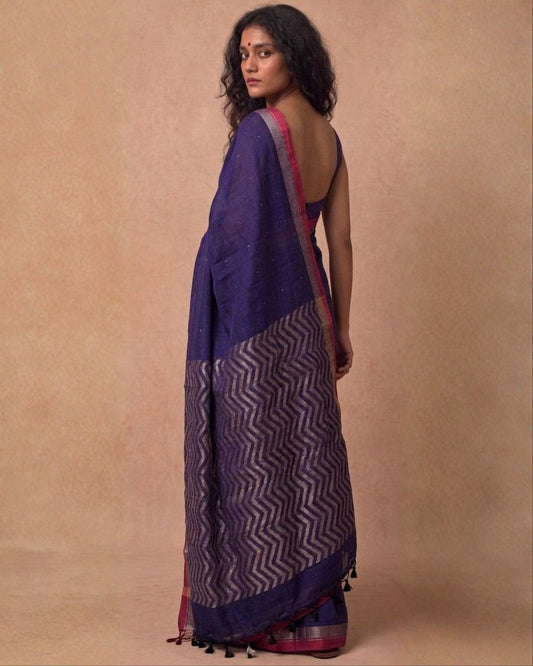 Deep mauve organic cotton linen saree