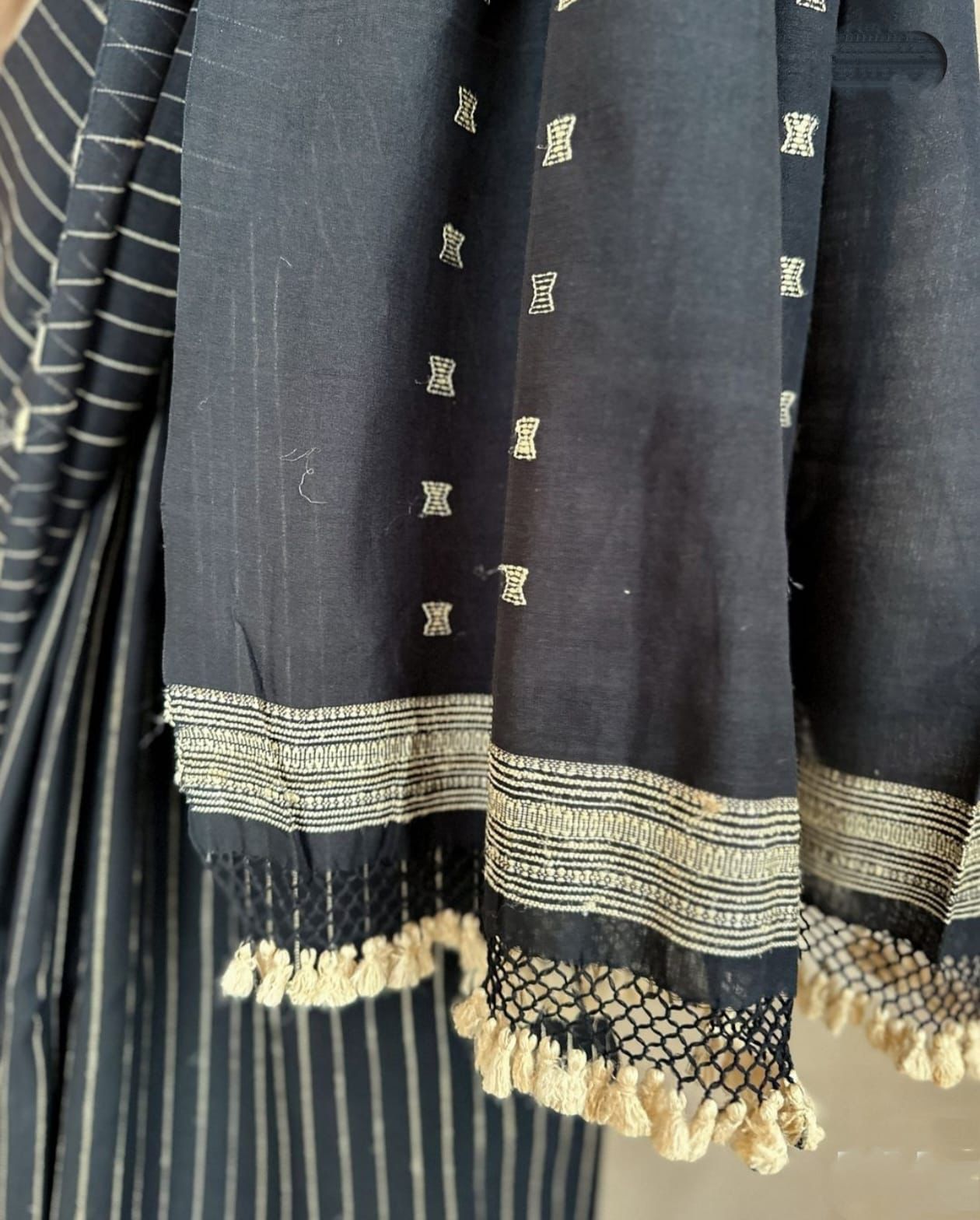 Bhujodi style black cotton striped saree