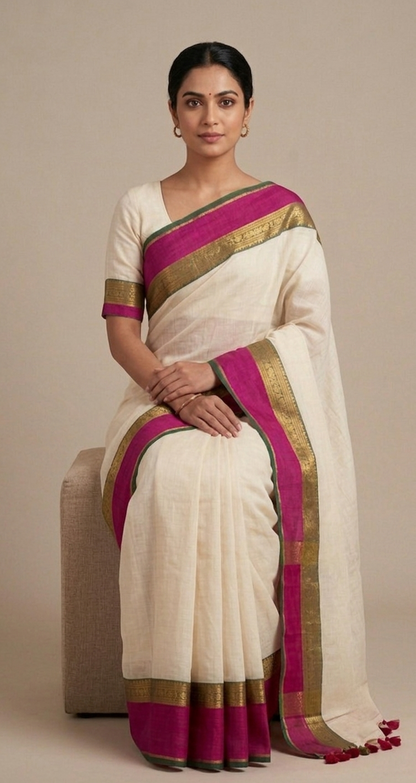 White mulmul cotton pink border saree