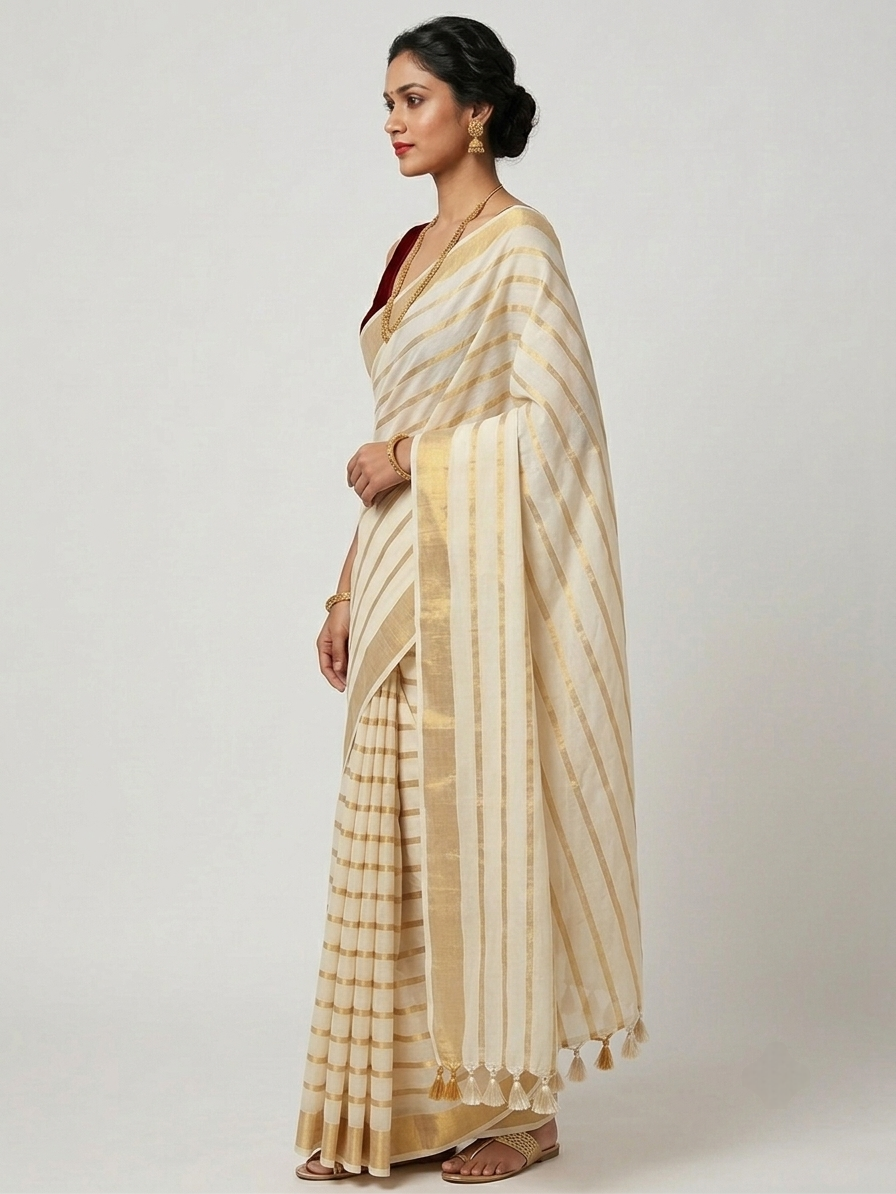 Ivory & Gold Zari Striped Mul Cotton Saree