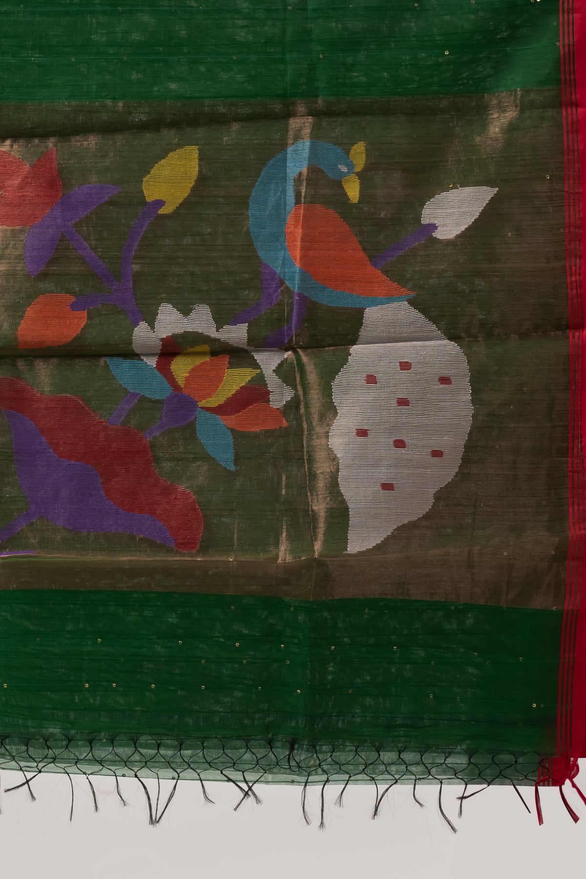 Deep Green Sheer Muslin Saree with Vibrant Paithani pallu motif
