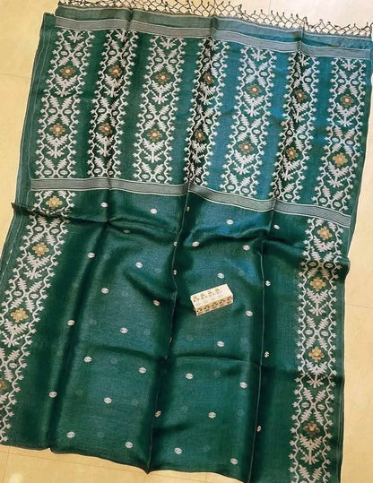 Bottle green Tussar Jamdani saree