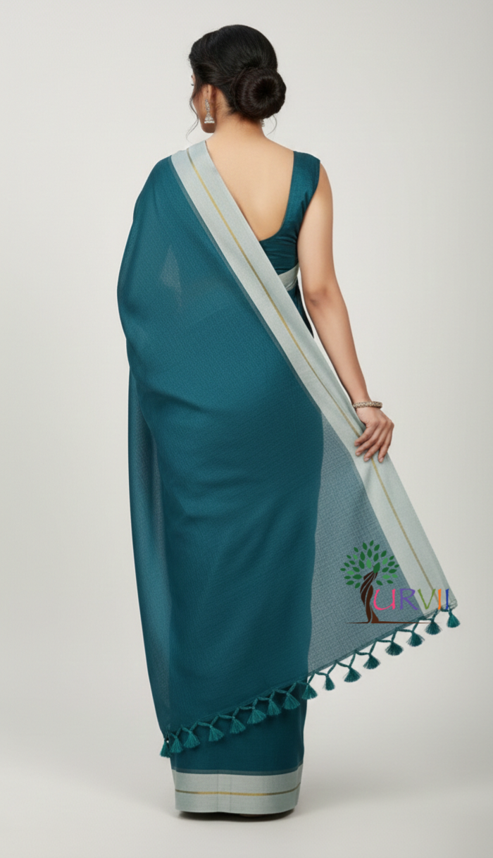 Dark green mulmul cotton saree